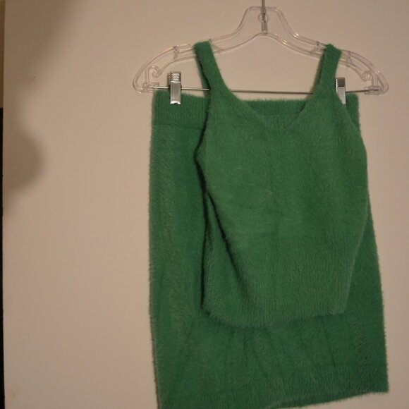 Freshman1996 Green Fluffy Dual Set Mini Skirt & Sleeveless Top Straps V-Neck S - Picture 6 of 13